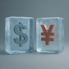 Symbolic cold financial war — frozen dollar and yuan representing tension between major world economies