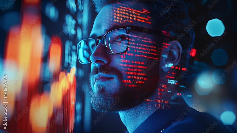 Poster close-up view of a person engrossed in digital data.