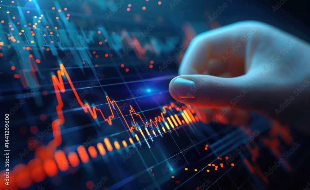 Poster close-up of a hand interacting with a digital financial graph displaying fluctuating lines and data 