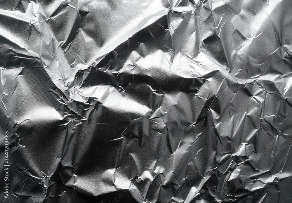 Poster close-up of crumpled shiny silver metallic surface with various folds and reflections creating abstr