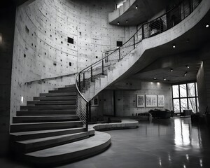Winding gray staircase symbolizes life's complexity, blending choices and experiences beyond black and white. Its curves embody uncertainty and growth, making it an inspiring, reflective background.