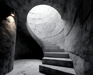 Winding gray staircase symbolizes life's complexity, blending choices and experiences beyond black and white. Its curves embody uncertainty and growth, making it an inspiring, reflective background.