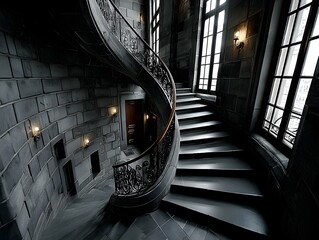 Winding gray staircase symbolizes life's complexity, blending choices and experiences beyond black and white. Its curves embody uncertainty and growth, making it an inspiring, reflective background.