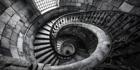 Naklejka premium Winding gray staircase symbolizes life's complexity, blending choices and experiences beyond black and white. Its curves embody uncertainty and growth, making it an inspiring, reflective background.