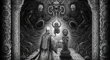 Faceless Priest Offering Ancient Idol to Dark Gods