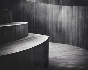 Winding gray staircase symbolizes life's complexity, blending choices and experiences beyond black and white. Its curves embody uncertainty and growth, making it an inspiring, reflective background.
