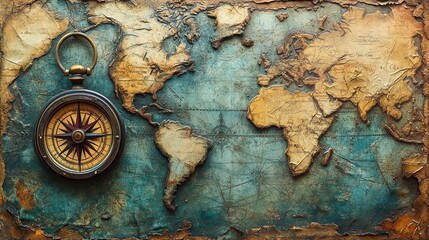 Antique compass positioned over a vintage world map.