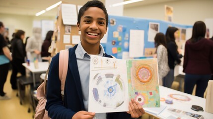 Teenager proudly holding up a handmade science fair project in front of classmates capturing confidence academic achievement and the spirit of learning