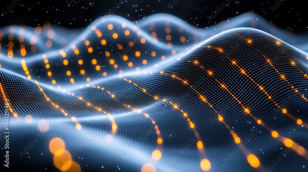 Aufkleber glowing particle waves abstractly flow in dark space