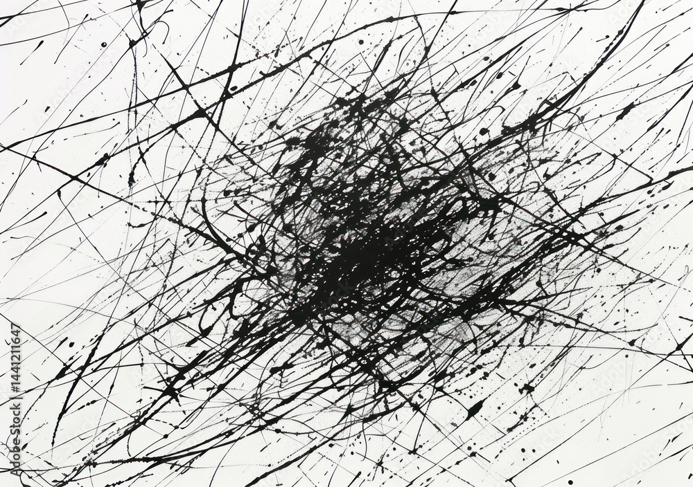 Poster abstract black ink splatters and chaotic lines on a white background conveying energy and movement w