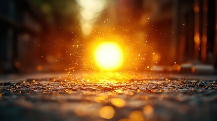 Glowing sphere erupts on ground, blurred street view