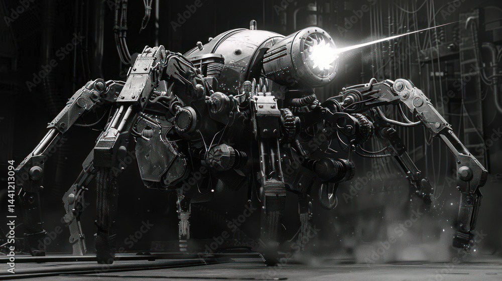 Poster dark mechanical spider robot with multiple jointed legs emitting a bright beam of light in a dim ind