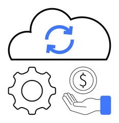 Cloud with sync arrows, gear, dollar coin, and hand illustrating cloud technology, process automation, finance, financial services, digital transformation, cost efficiency simple landing page