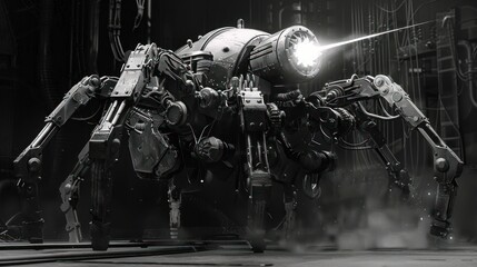 dark mechanical spider robot with multiple jointed legs emitting a bright beam of light in a dim industrial environment with wires and machinery, evoking a sense of tension and futuristic technology