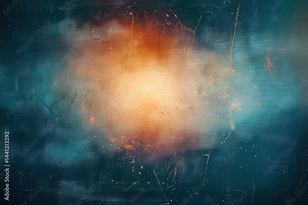 Poster abstract textured background with a warm glowing orange center fading into cool blue and teal tones,