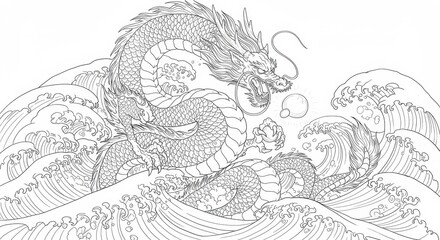 Ryujin, Dragon God, Emerging from Ocean Waves, Holding Magical Pearl