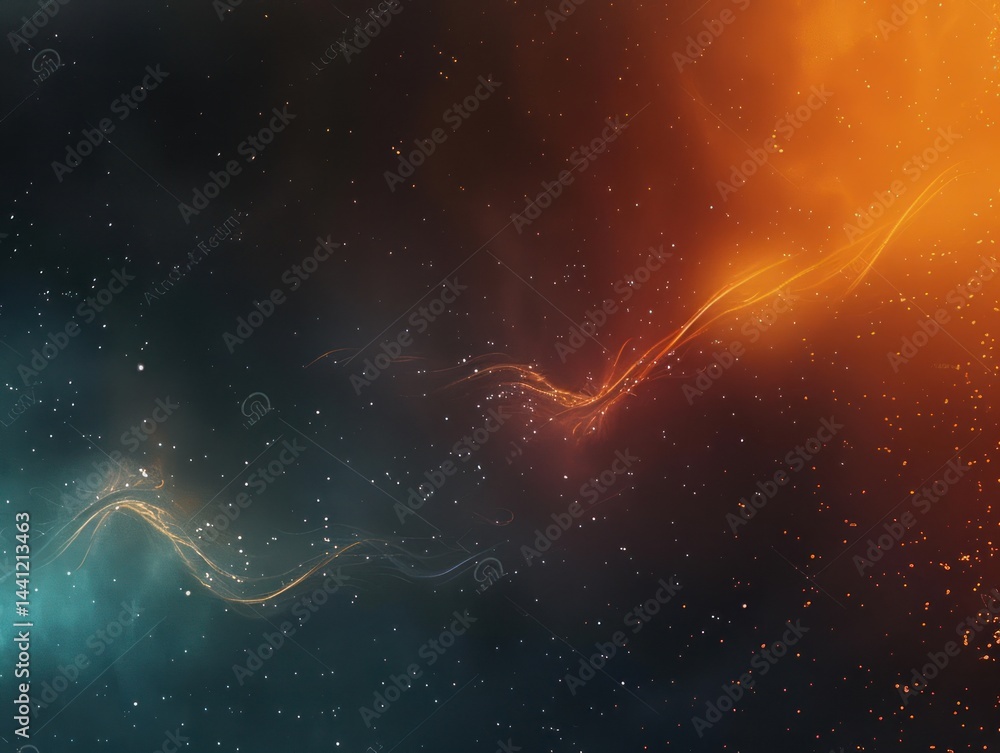 Poster abstract swirl of blue and orange energy streams facing each other surrounded by particles on a dark