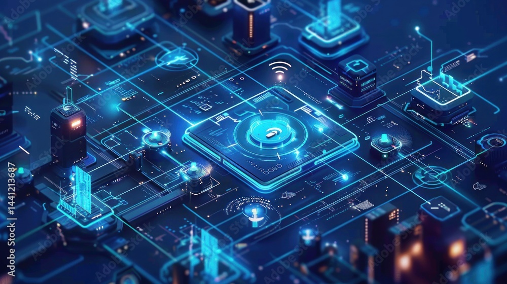 Poster futuristic glowing digital circuit board with interconnected nodes, wireless signals, and high-tech 