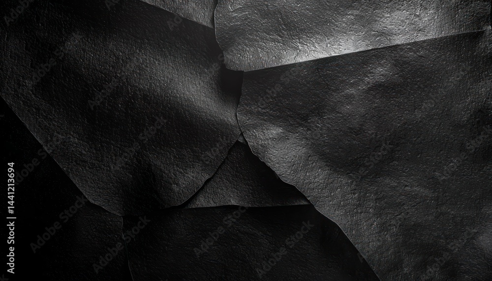Poster close-up of overlapping dark black textured paper sheets with subtle lighting and shadows creating d