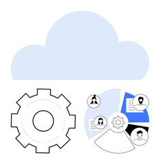 Cloud storage icon above settings gear and pie chart with user avatars. Ideal for teamwork, technology, data sharing, project management, data analysis, workflow, simple landing page