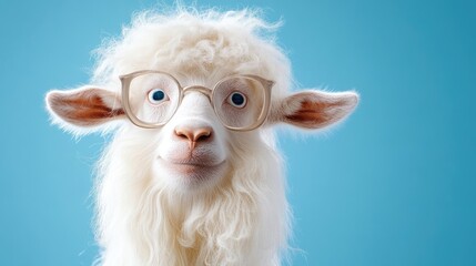 Smart sheep wearing glasses.  A curious, fluffy, white sheep with glasses stares directly at the viewer