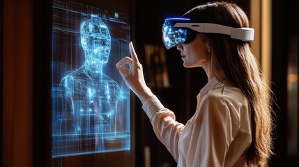 Immersive experience: Woman engaging with a holographic human figure using VR headset