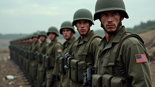 Row of Military Personnel Standing at Attention