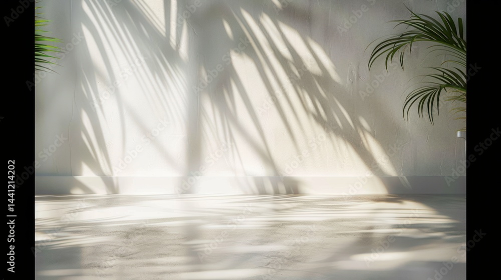Poster sunlit empty room with smooth floor and soft shadows of tropical palm leaves on white textured wall, creating calm and peaceful atmosphere