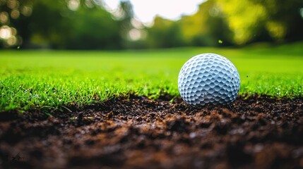 Golf ball rests on grass, blurred trees backdrop