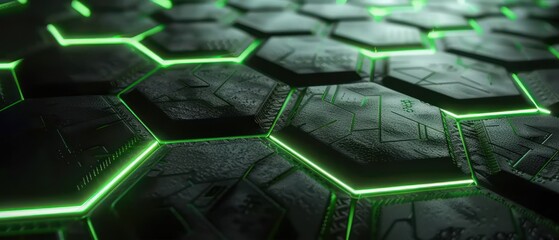 dark futuristic hexagonal tiles with glowing green edges creating a high-tech geometric pattern conveying a mysterious and advanced technological atmosphere