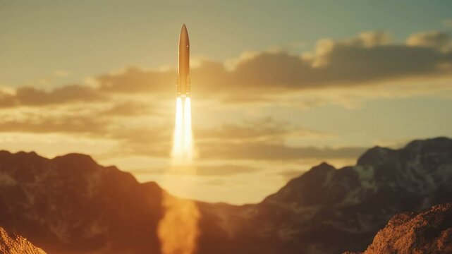 Witness the stunning launch of a breathtaking futuristic rocket soaring high against a majestic mountain landscape