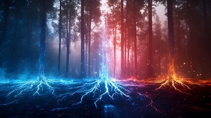 Surreal enchanted forest neon roots in a mystical environment