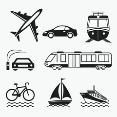 Transportation and Vehicle Icon Set: Vector Glyph Pictograms Featuring Travel, Logistics, Public Transit, Car, Train, Bus, Bicycle, Boat, and Airplane Silhouettes