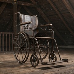 Fototapeta premium Vintage Wheelchair in Attic Room with Wooden Floor Boards
