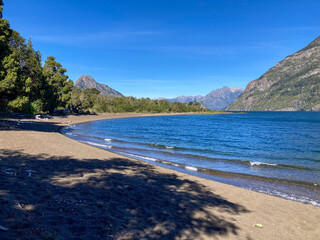 beach of lago paimun lake at lanin national park, patagonia, argentina