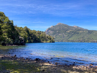 beach of lago paimun lake at lanin national park, patagonia, argentina