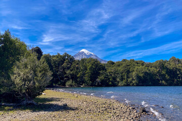 beach of lago paimun lake at lanin national park, patagonia, argentina