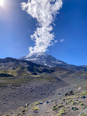 peak of cone-shaped volcano Lanin with its glacier, patagonia, argentina