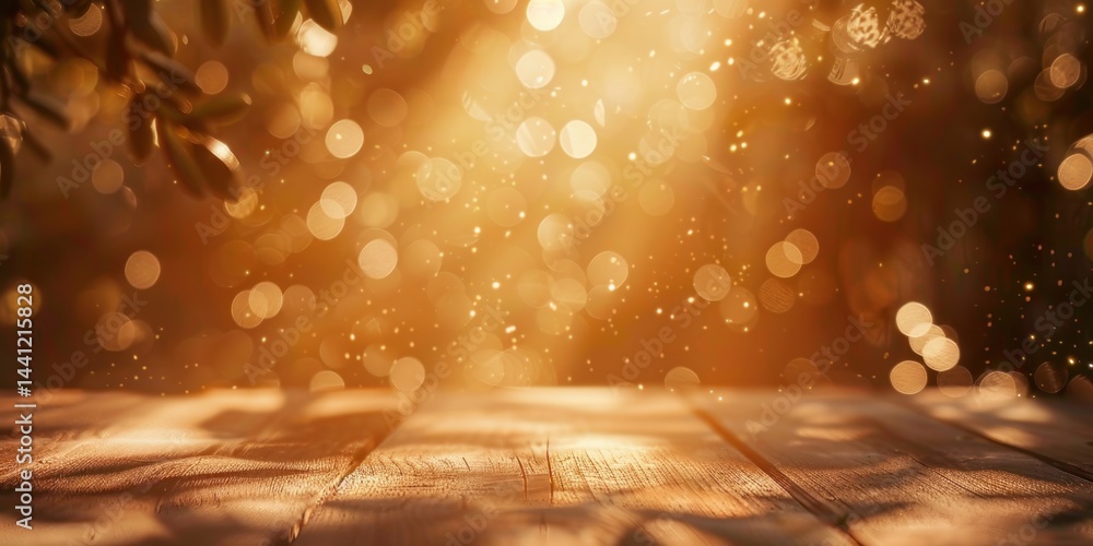 Poster warm golden sunlight filtering through leaves casting soft shadows and bokeh over a rustic wooden su