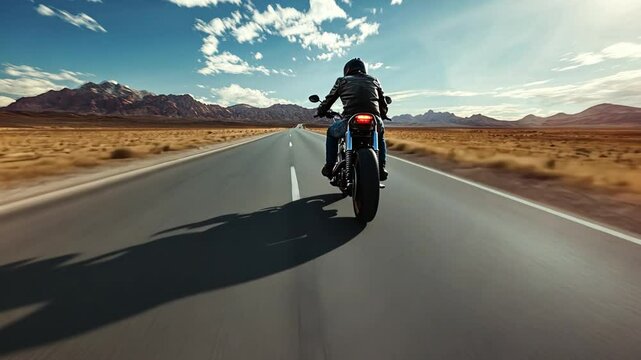 Motorcycle rider on open desert road with freedom and adventure, cinematic journey