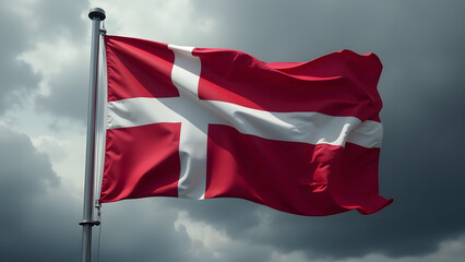 Naklejka premium Powerful HD image of Denmark's cross flag waving defiantly against stormy skies. White cross on red field glows against dark clouds.