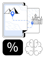 Open book with map, mountains, and a castle connected via location path. Includes percentage sign and brain. Ideal for navigation, strategy, education, exploration, analysis decision-making travel