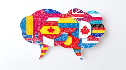 Speech bubbles with various national flags, symbolizing global communication