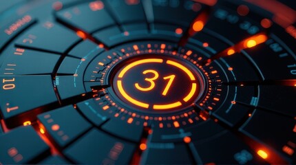 Futuristic digital interface with glowing orange numbers and circuits.