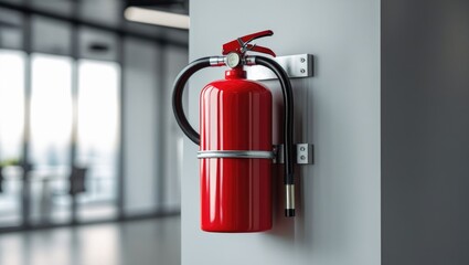 A red fire extinguisher mounted on a wall in a modern office space, symbolizing safety and fire prevention