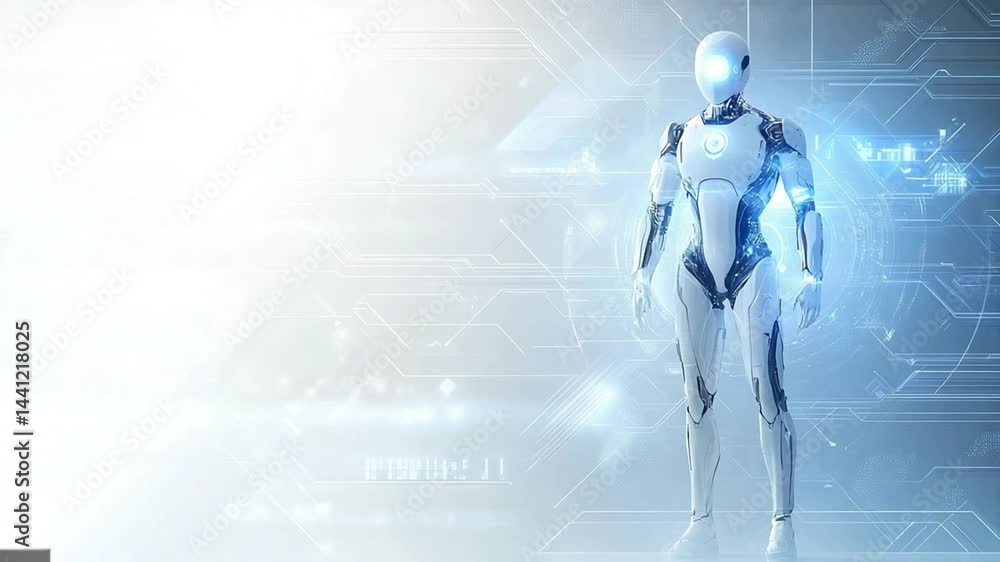 Poster advanced humanoid robot standing in futuristic environment with glowing elements