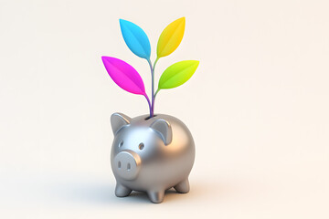 Colorful financial growth — 3D plant of neon leaves growing from metallic piggy bank symbolizing investments