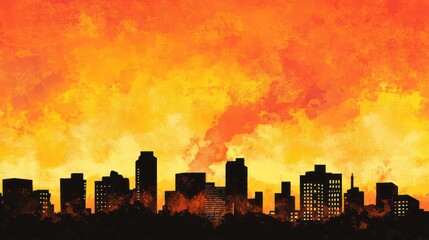 Obraz premium Fiery sunset over a city skyline, depicting burning buildings and an apocalyptic atmosphere.