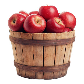 Wooden bushel basket filled with apples. Isolated white background. Png format