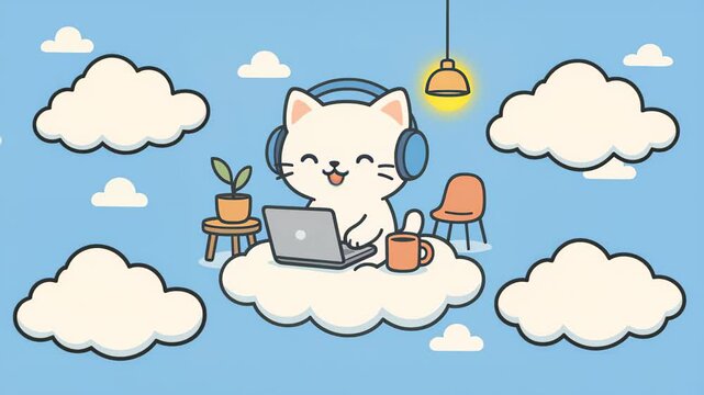 A looping animation of a white cartoon cat wearing headphones, smiling while working on a laptop atop a fluffy cloud under a bright blue sky.